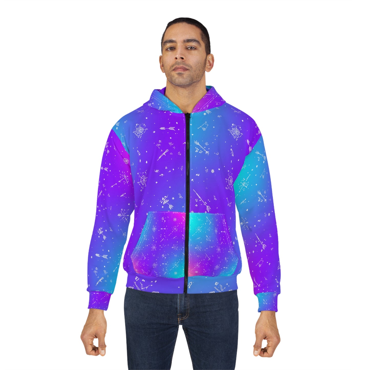 Galaxy Print Unisex Zip Hoodie, Cosmic Zip Up, Colorful Outerwear, Unique Space Design, Stylish Layering, Perfect Gift for Astronomers