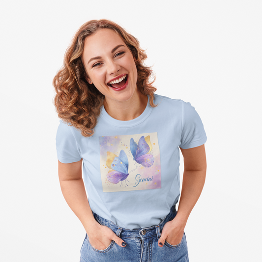 Gemini Butterfly Women's Tee, Astrology T-Shirt, Celestial Gift, Zodiac Apparel, Butterfly Print Shirt, Unique Birthday Wear