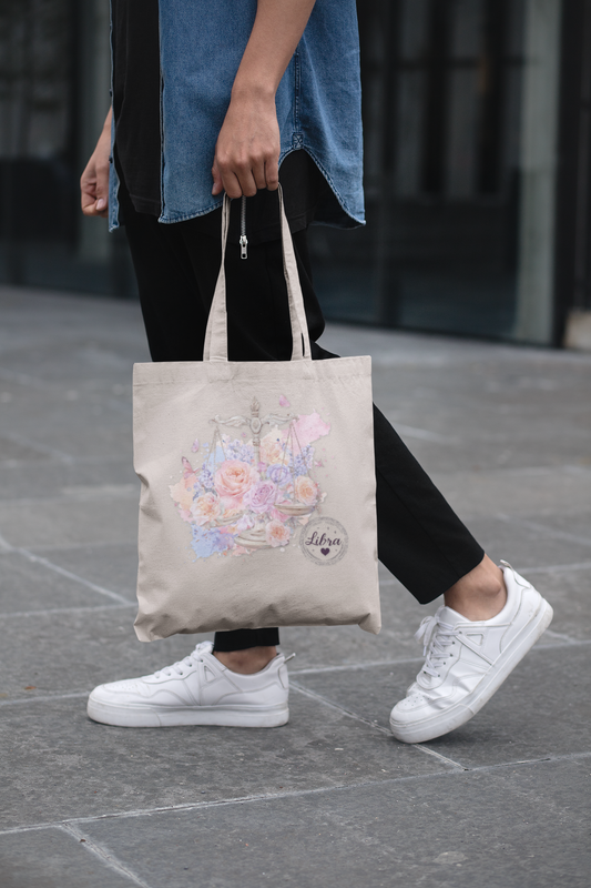 Floral Balance Cotton Canvas Tote Bag, Reusable Grocery Bag, Eco-friendly Tote, Gift for Her, Boho Style, Everyday Shopping Bag