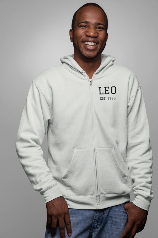 Personalize Leo Zodiac Zip Hoodie — LEO Est. 1996 Minimalist Astrology Hoodie