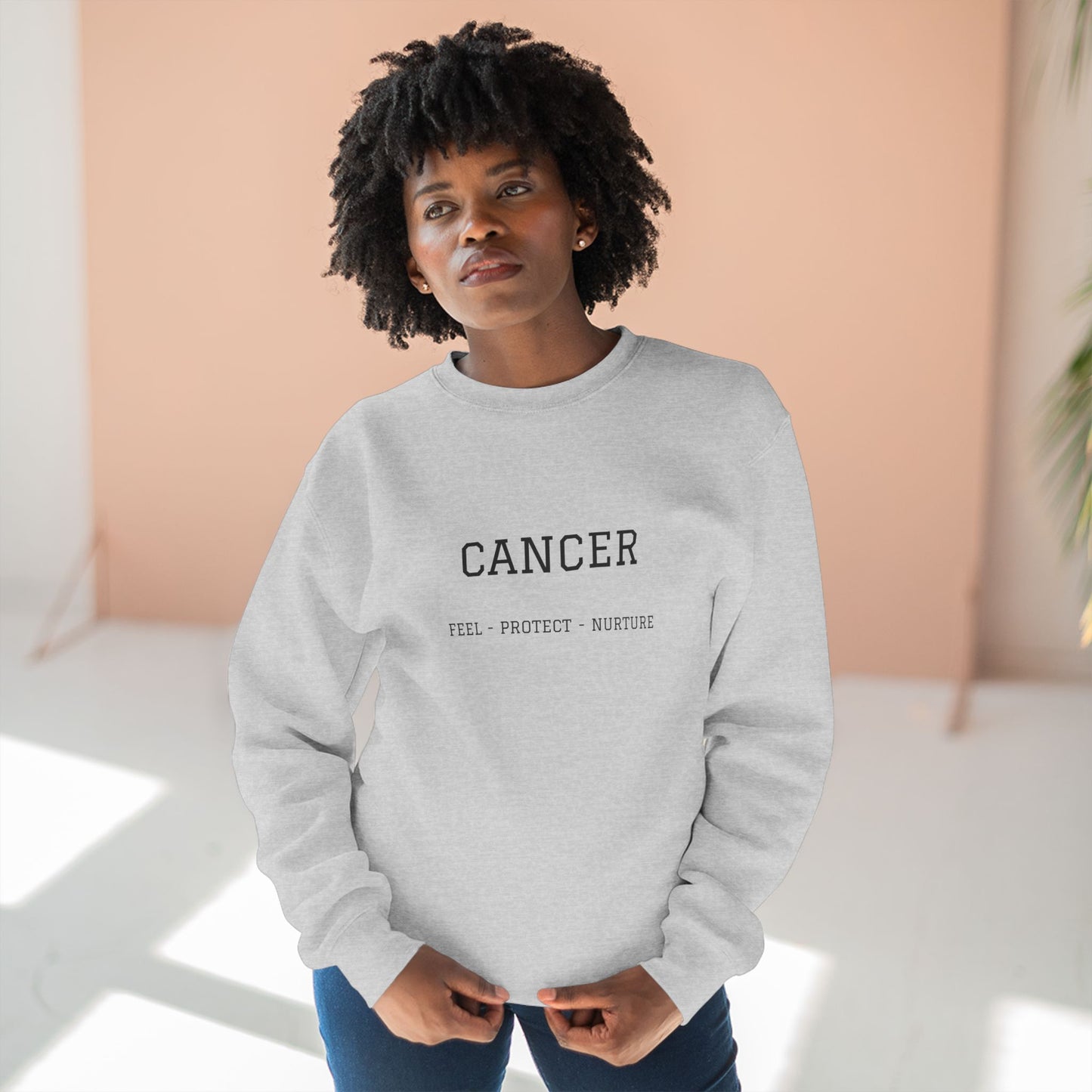 Cancer Zodiac Crewneck Sweatshirt — Text: Cancer • True • Protect • Nurture