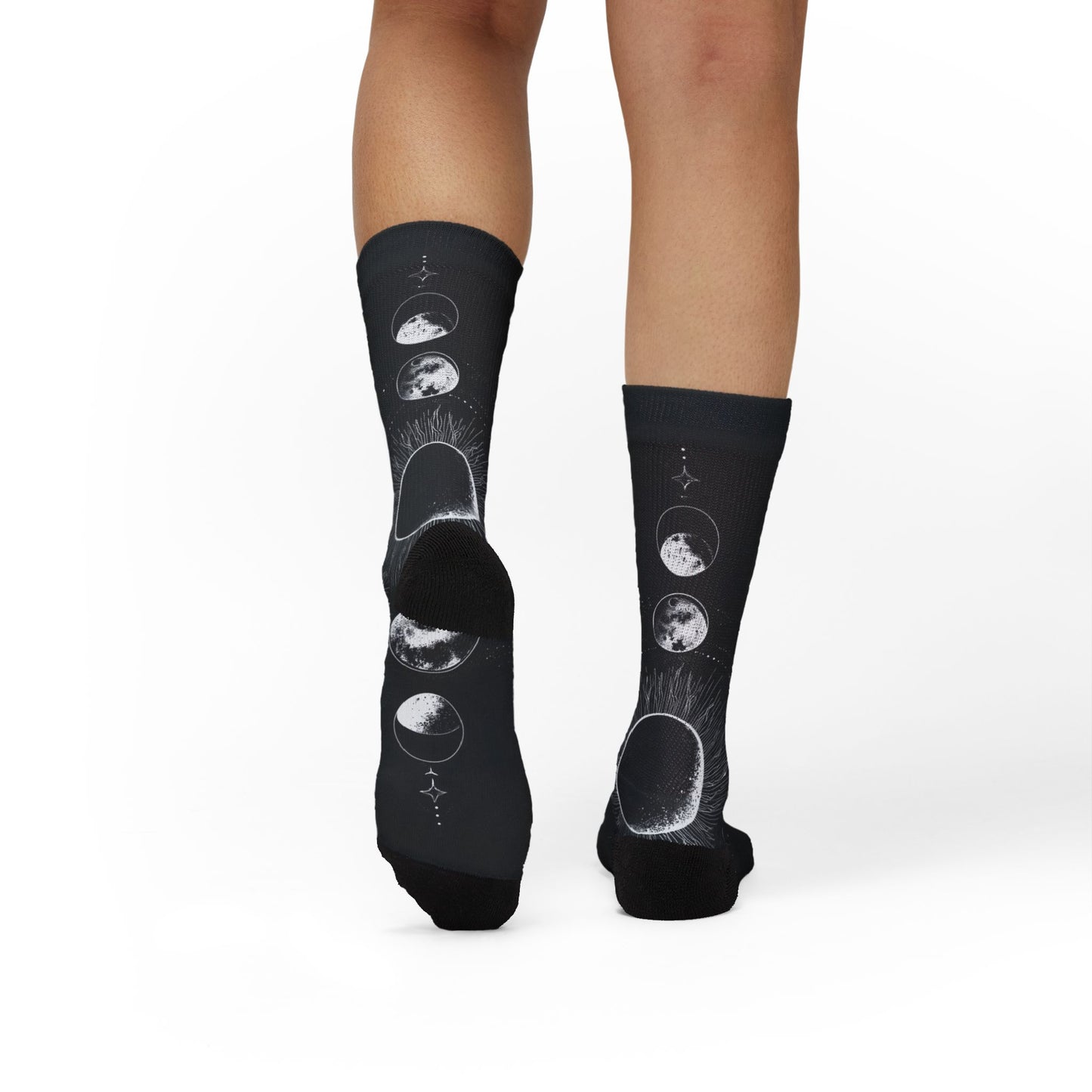 Celestial Moon Phase Sublimation Socks — Black Astral Lunar Crew Socks