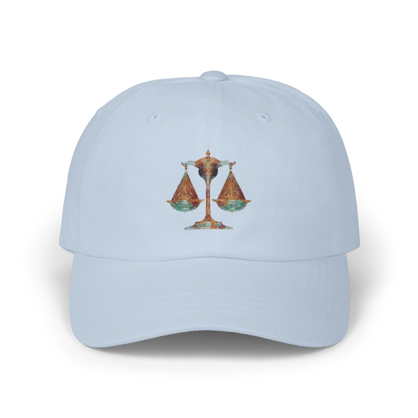 Gleaming Justice Scales Dad Cap, Classic White Adjustable Cap, Perfect Gift for Lawyers, Graduation, and Everyday Style