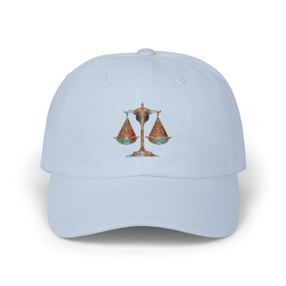 Gleaming Justice Scales Dad Cap, Classic White Adjustable Cap, Perfect Gift for Lawyers, Graduation, and Everyday Style