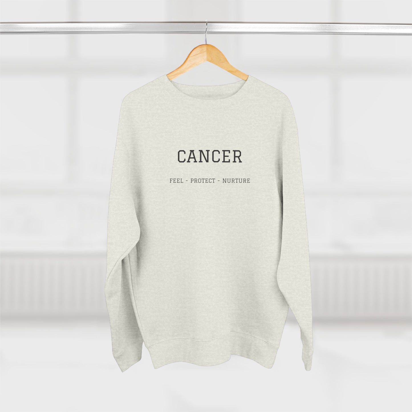 Cancer Zodiac Crewneck Sweatshirt — Text: Cancer • True • Protect • Nurture