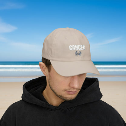 Cancer Zodiac Classic Dad Cap — Vintage Script with Crab Emblem