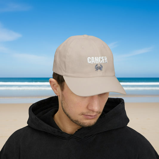 Cancer Zodiac Classic Dad Cap — Vintage Script with Crab Emblem
