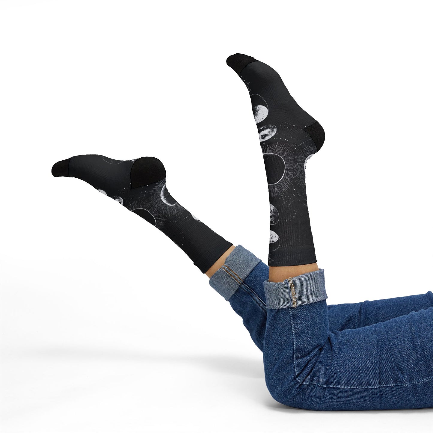 Celestial Moon Phase Sublimation Socks — Black Astral Lunar Crew Socks