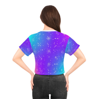 Galactic Dreams Crop Tee - Cosmic AOP T-Shirt, Summer Vibes Top, Gifts for Her, Festival Wear, Boho Chic Shirt