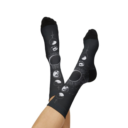 Celestial Moon Phase Sublimation Socks — Black Astral Lunar Crew Socks