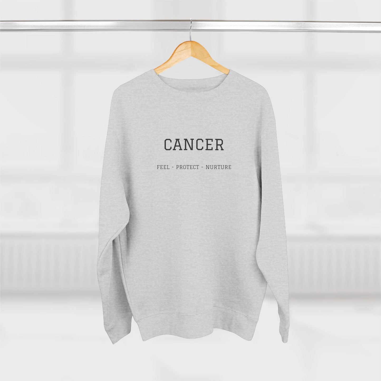 Cancer Zodiac Crewneck Sweatshirt — Text: Cancer • True • Protect • Nurture