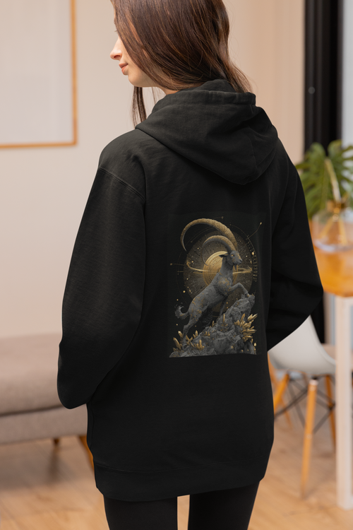 Capricorn Earth Element Cosmic Art Hoodie - Zodiac Achiever Pullover, Astrology Gift, Celestial Mountain Design