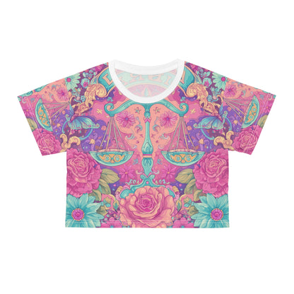 Colorful Libra Crop Tee - Floral Balance Design, Astrology Shirt, Boho Style Top, Gift for Her, Zodiac Fashion, Summer Vibes