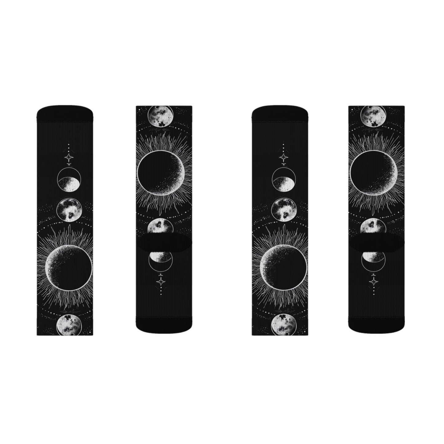 Celestial Moon Phase Sublimation Socks — Black Astral Lunar Crew Socks
