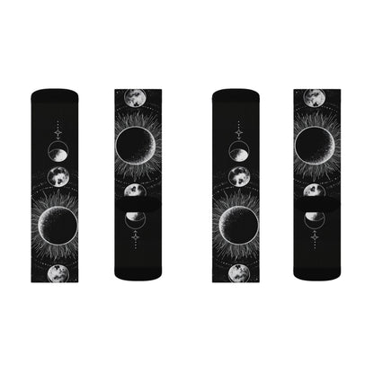 Celestial Moon Phase Sublimation Socks — Black Astral Lunar Crew Socks