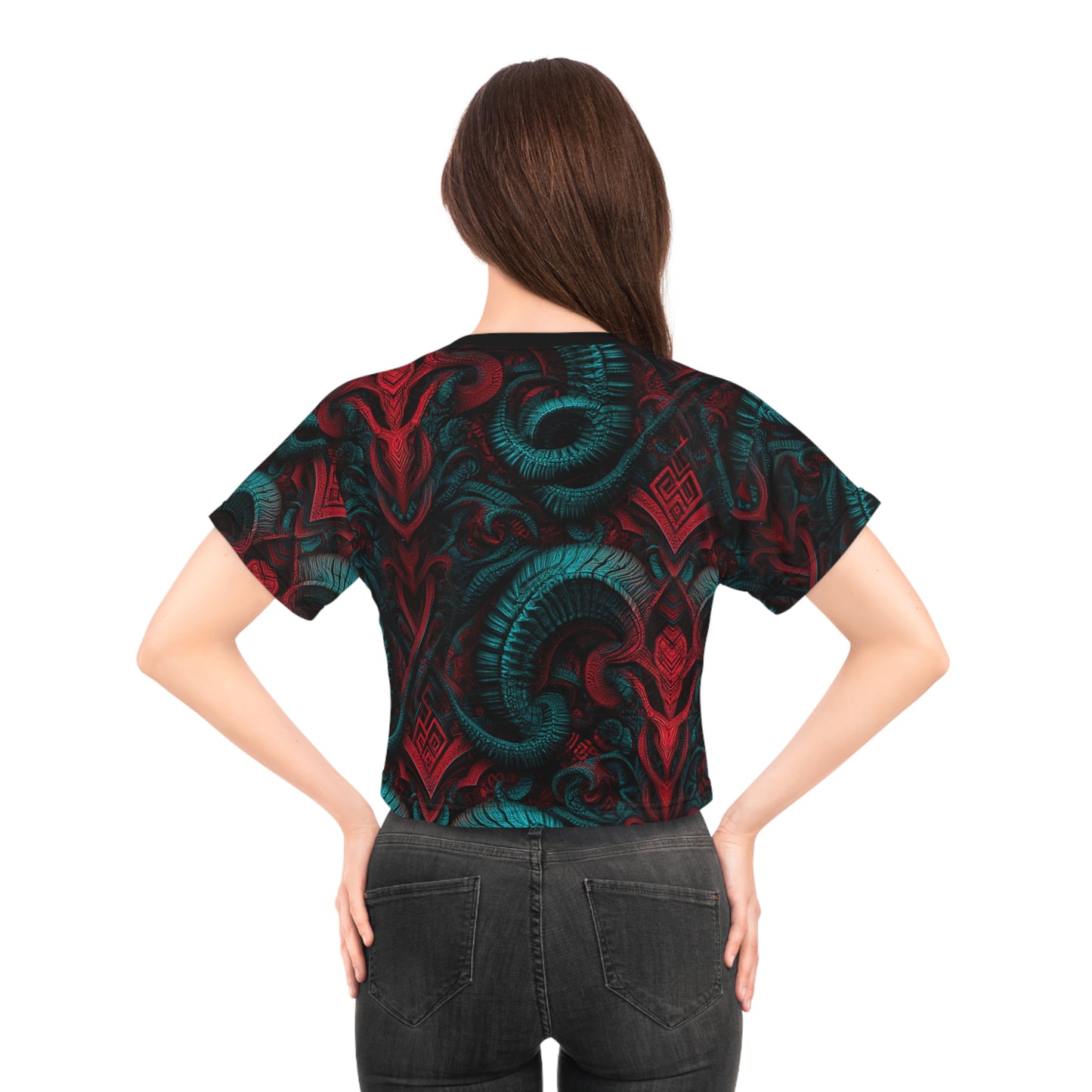 Gothic Pattern Crop Tee, Trendy Top for Festivals, Unique Graphic Shirt, Stylish Summer Wear, Gift for Fashion Lovers, Occasional Apparel