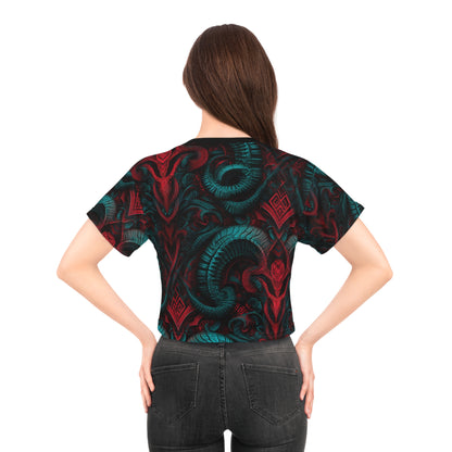 Gothic Pattern Crop Tee, Trendy Top for Festivals, Unique Graphic Shirt, Stylish Summer Wear, Gift for Fashion Lovers, Occasional Apparel