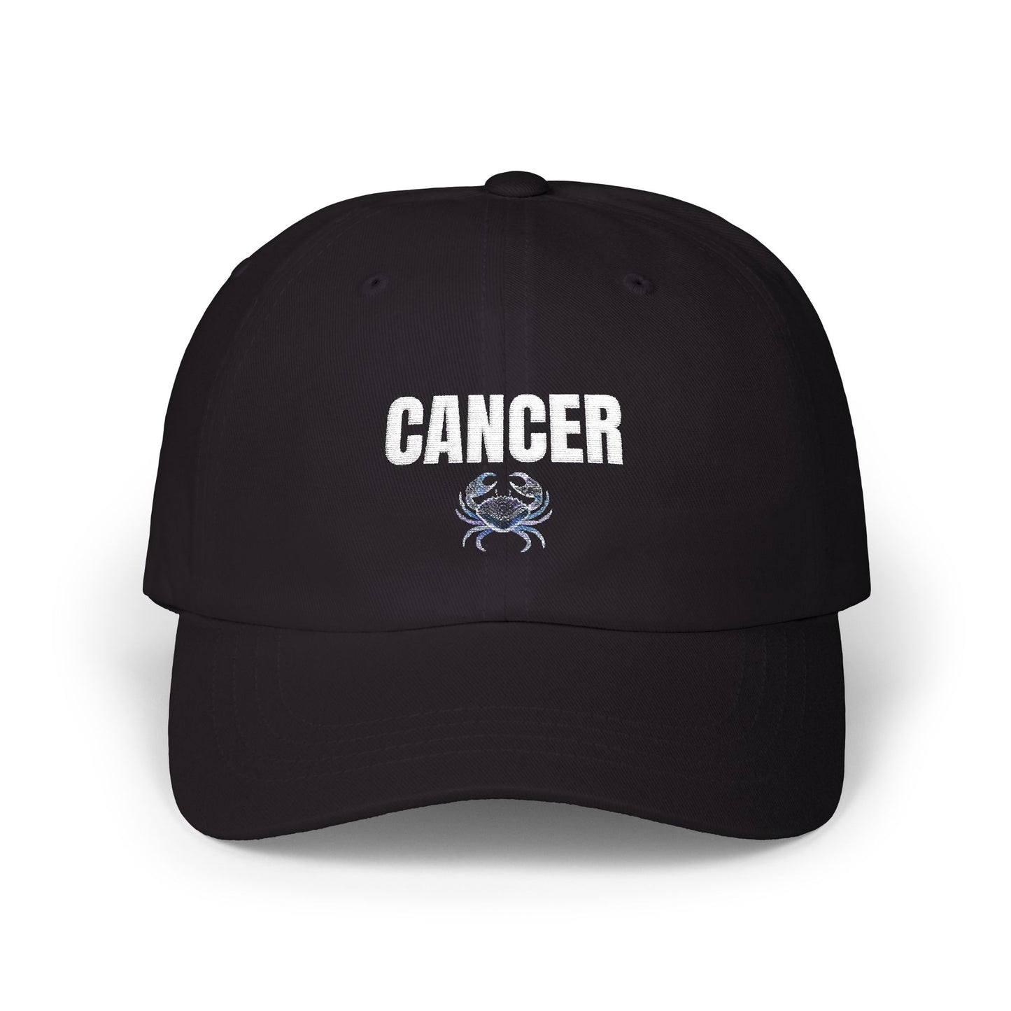 Cancer Zodiac Classic Dad Cap — Vintage Script with Crab Emblem