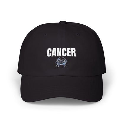 Cancer Zodiac Classic Dad Cap — Vintage Script with Crab Emblem