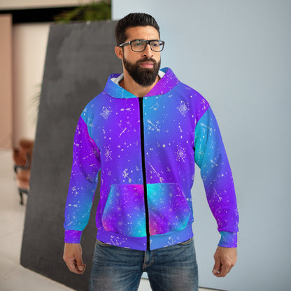Galaxy Print Unisex Zip Hoodie, Cosmic Zip Up, Colorful Outerwear, Unique Space Design, Stylish Layering, Perfect Gift for Astronomers