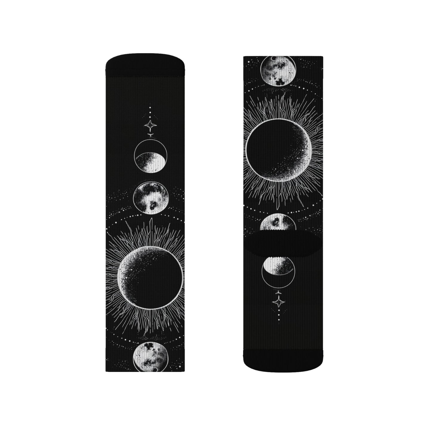 Celestial Moon Phase Sublimation Socks — Black Astral Lunar Crew Socks