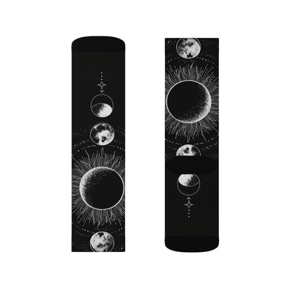 Celestial Moon Phase Sublimation Socks — Black Astral Lunar Crew Socks