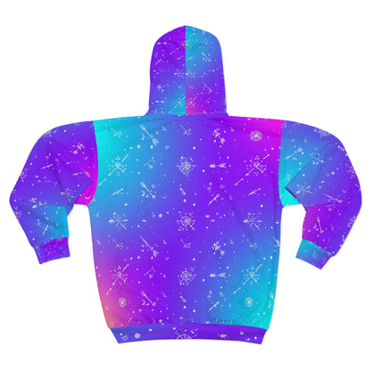 Galaxy Print Unisex Zip Hoodie, Cosmic Zip Up, Colorful Outerwear, Unique Space Design, Stylish Layering, Perfect Gift for Astronomers