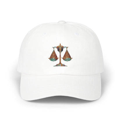 Gleaming Justice Scales Dad Cap, Classic White Adjustable Cap, Perfect Gift for Lawyers, Graduation, and Everyday Style