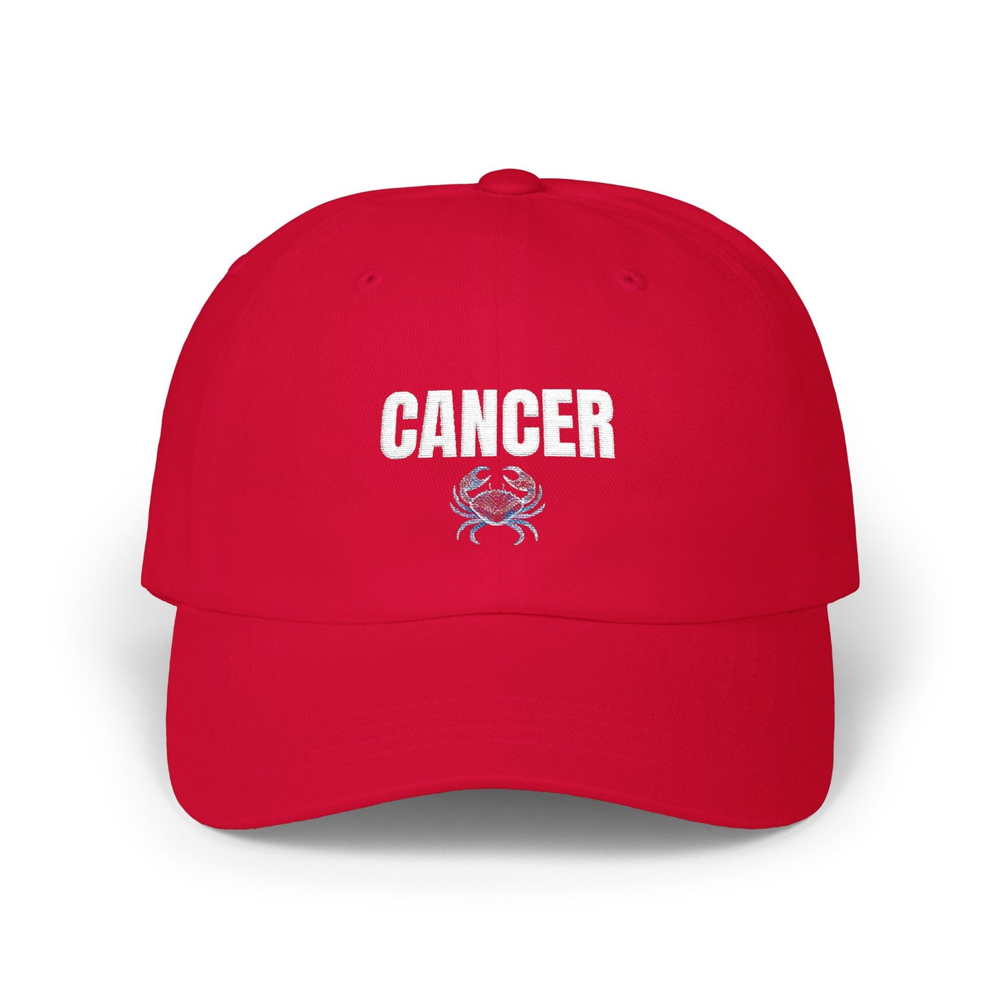 Cancer Zodiac Classic Dad Cap — Vintage Script with Crab Emblem