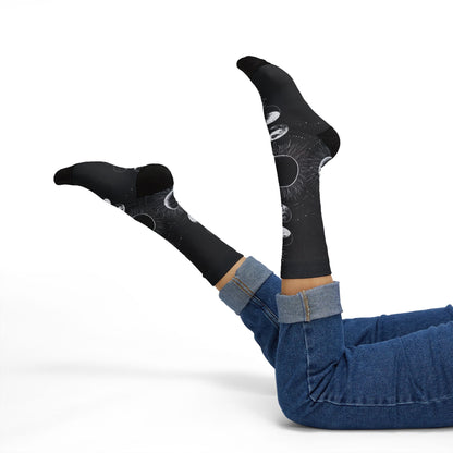 Celestial Moon Phase Sublimation Socks — Black Astral Lunar Crew Socks