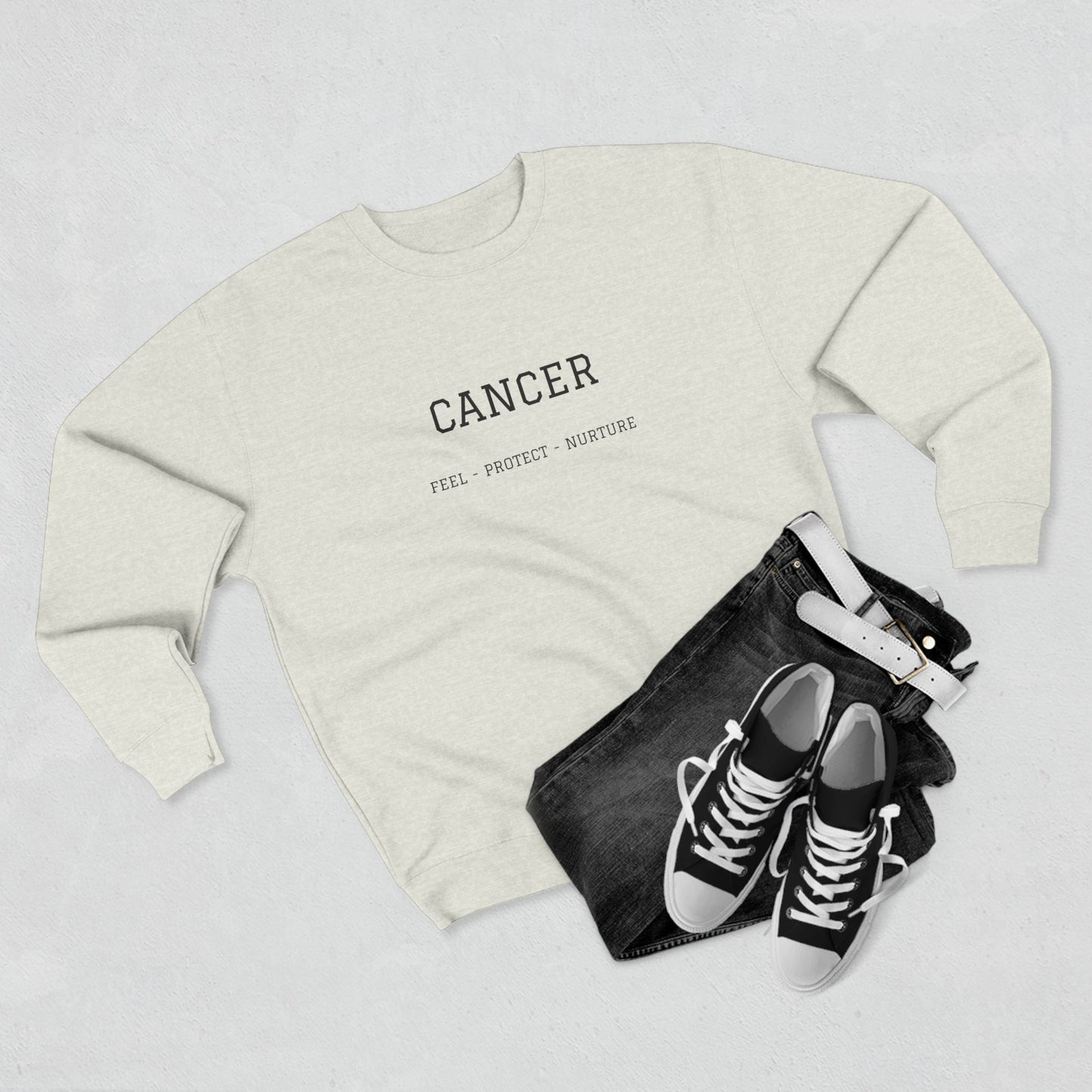Cancer Zodiac Crewneck Sweatshirt — Text: Cancer • True • Protect • Nurture