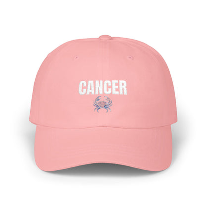 Cancer Zodiac Classic Dad Cap — Vintage Script with Crab Emblem