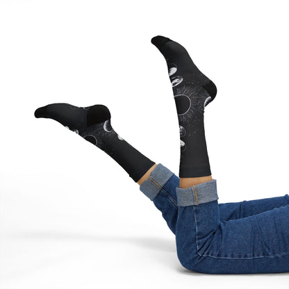 Celestial Moon Phase Sublimation Socks — Black Astral Lunar Crew Socks