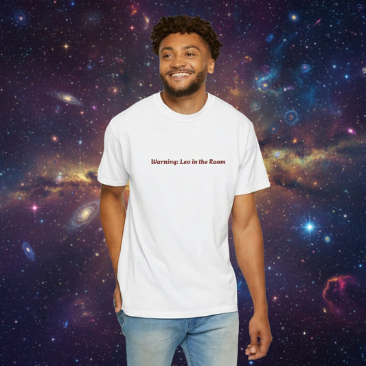 Warning: Leo in the Room T-shirt | Small Red Script Front Design