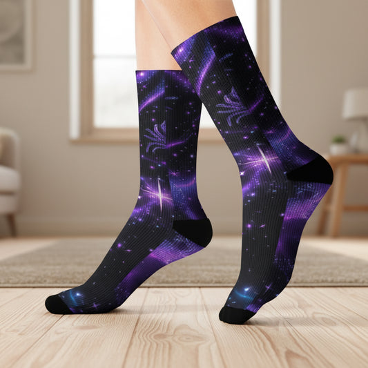 Galactic Pattern Sublimation Socks | Cosmic Crew Socks, Unique Space Socks, Gift for Astronomers, Festival Wear, Comfortable Everyday Socks