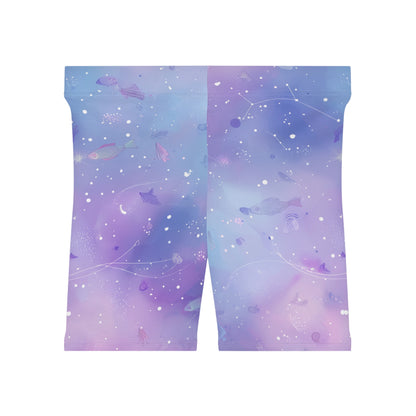 Women's Cosmic Biker Shorts, Comfortable Activewear, Yoga Shorts, Workout Gear, Galaxy-Themed Fashion, Summer Essentials