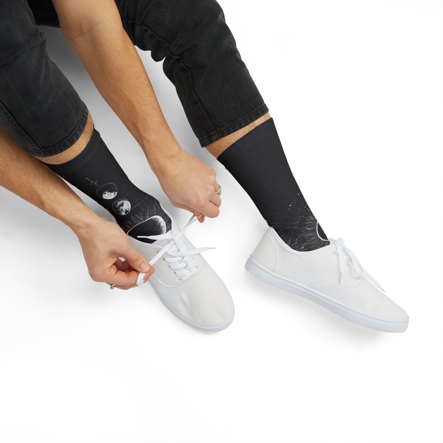 Celestial Moon Phase Sublimation Socks — Black Astral Lunar Crew Socks