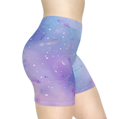 Women's Cosmic Biker Shorts, Comfortable Activewear, Yoga Shorts, Workout Gear, Galaxy-Themed Fashion, Summer Essentials
