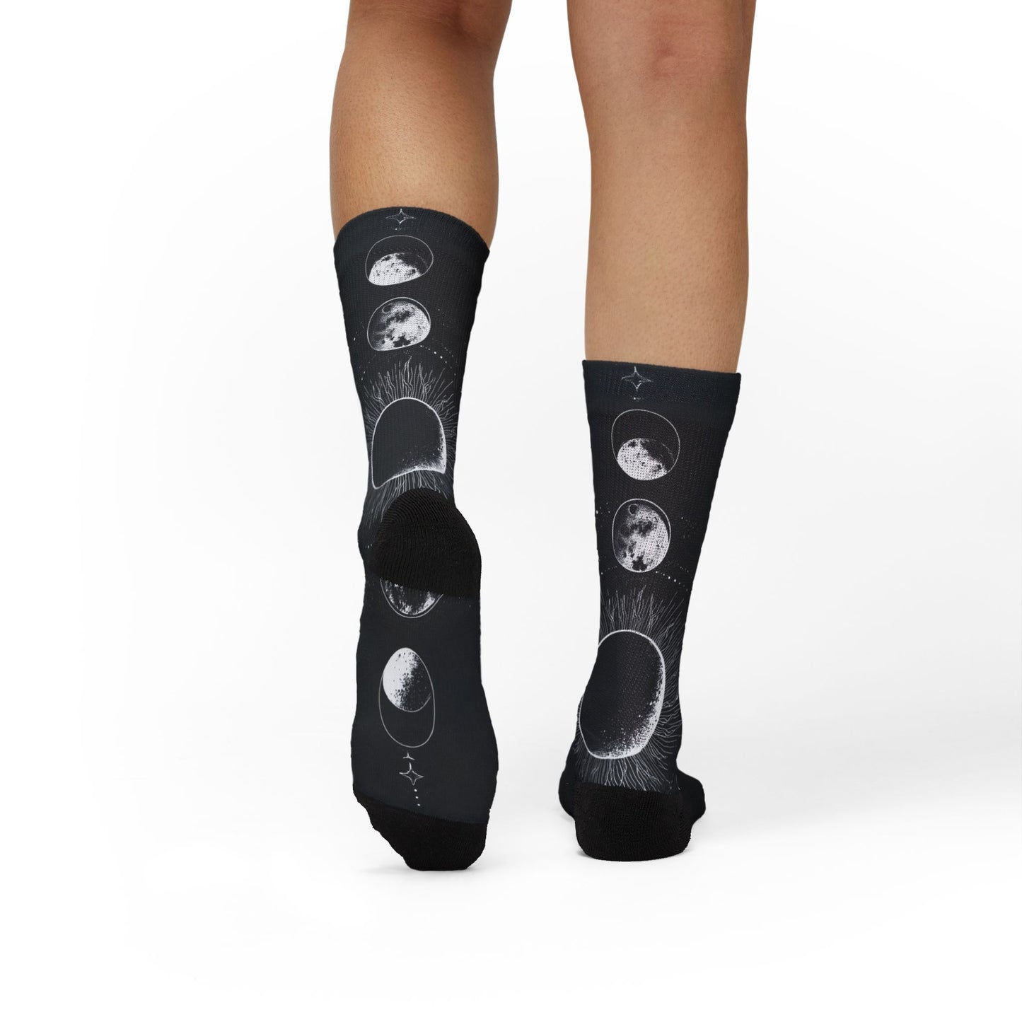 Celestial Moon Phase Sublimation Socks — Black Astral Lunar Crew Socks