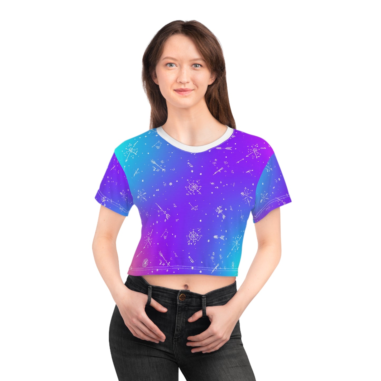 Galactic Dreams Crop Tee - Cosmic AOP T-Shirt, Summer Vibes Top, Gifts for Her, Festival Wear, Boho Chic Shirt
