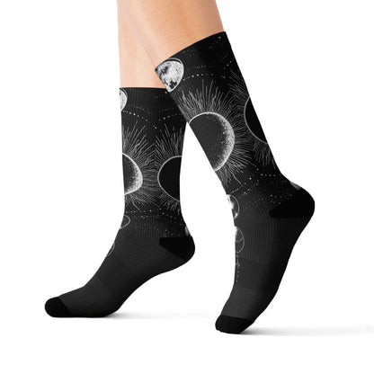 Celestial Moon Phase Sublimation Socks — Black Astral Lunar Crew Socks