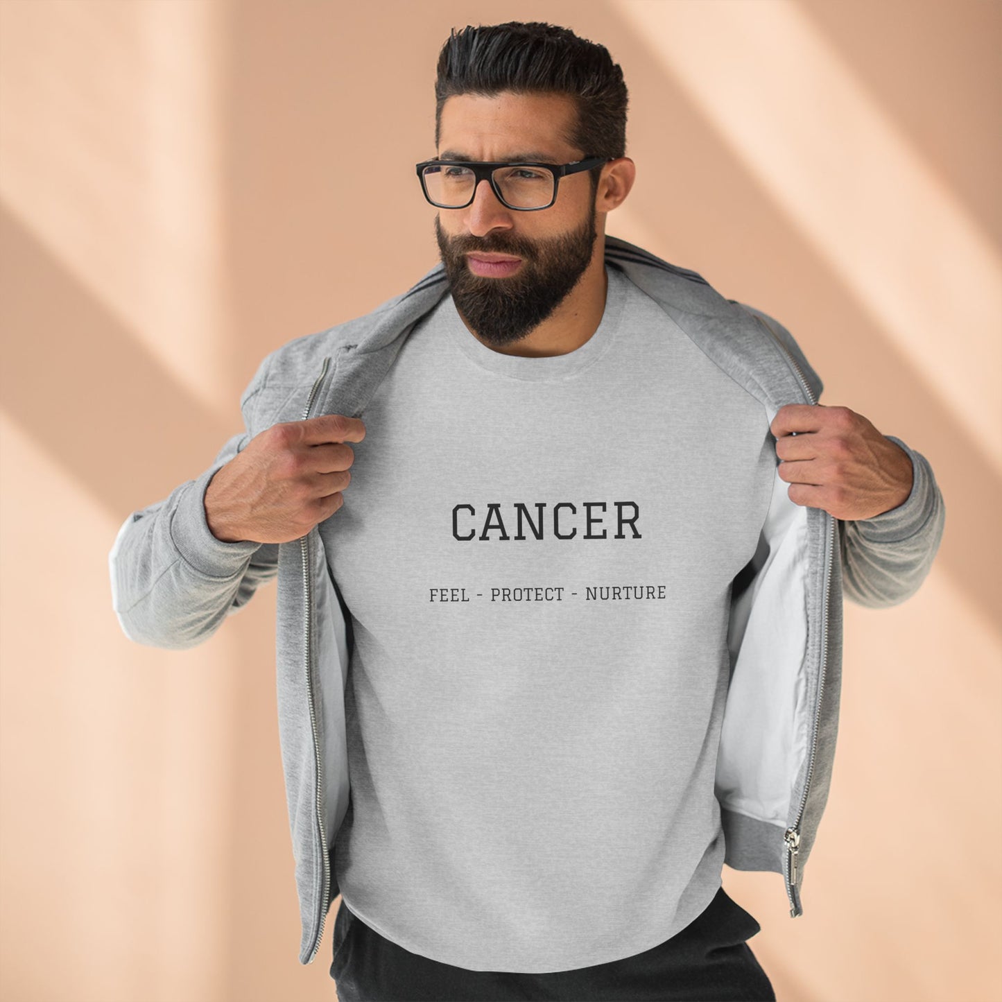 Cancer Zodiac Crewneck Sweatshirt — Text: Cancer • True • Protect • Nurture