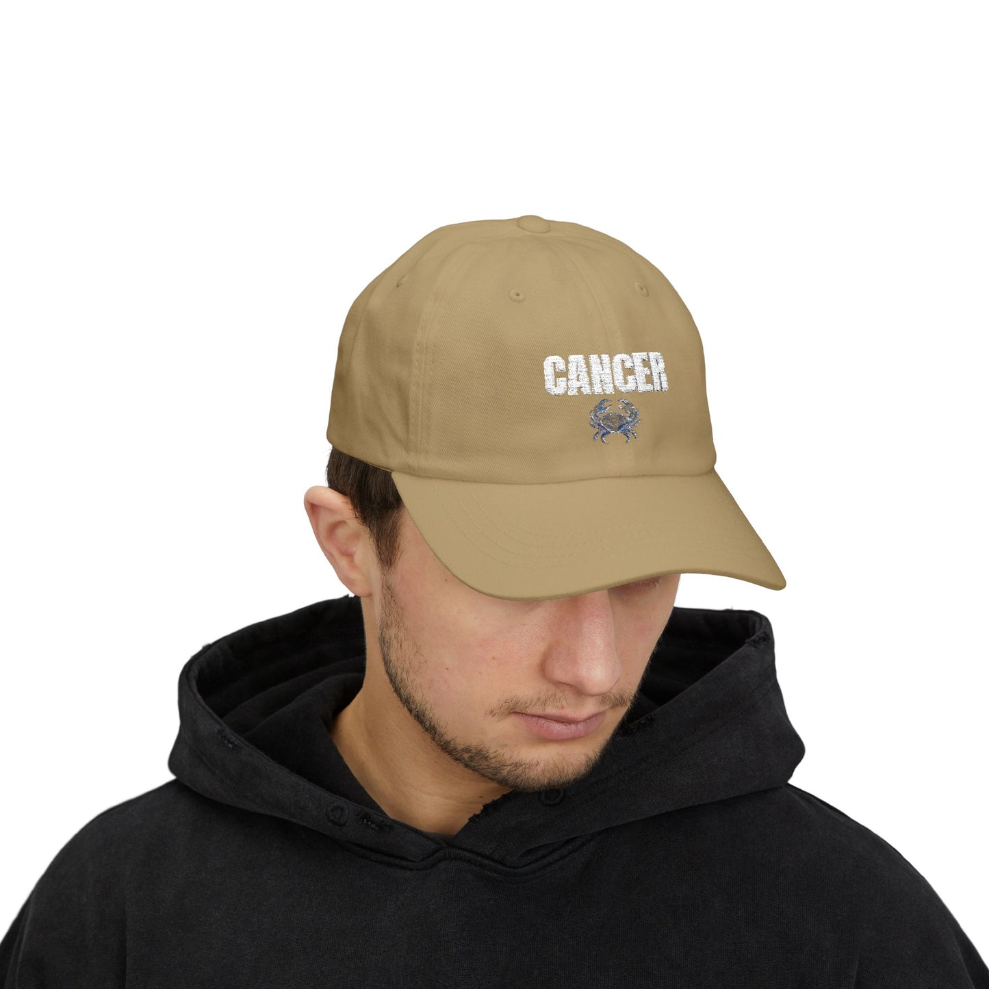 Cancer Zodiac Classic Dad Cap — Vintage Script with Crab Emblem