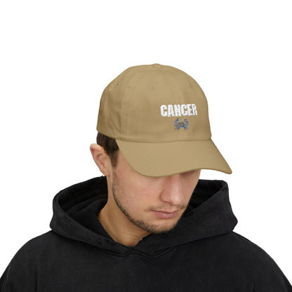 Cancer Zodiac Classic Dad Cap — Vintage Script with Crab Emblem